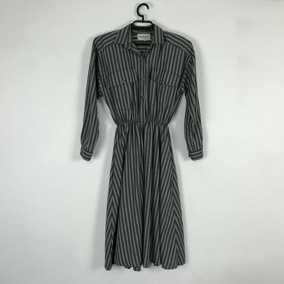 Vintage 80s John Richard Dress Size S Gray Striped Long Sleeve Cotton Blend - Picture 1 of 10